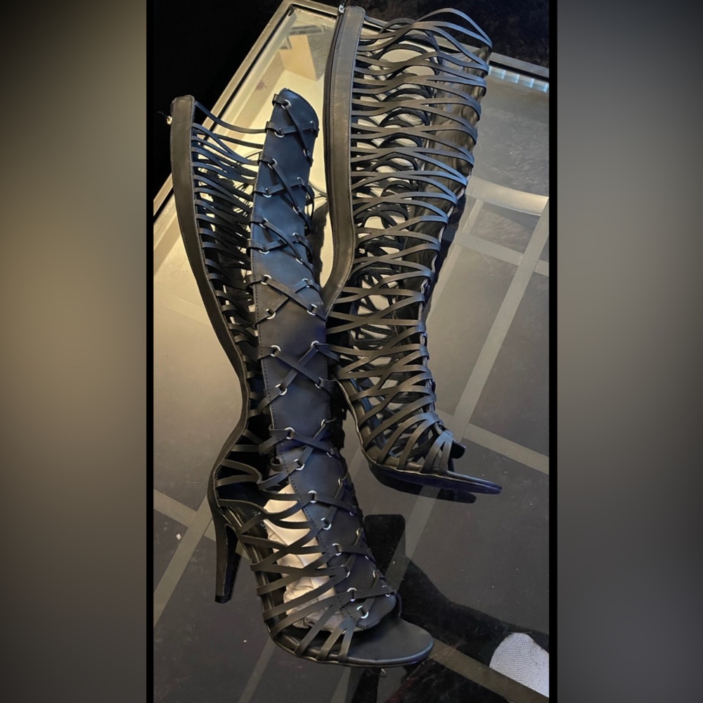 Black Strappy Knee-High Boots